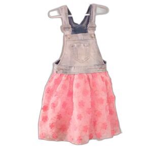 Jordache Girls Denim and Pink Flower Skirt Overall Jumper Dress Size XS 4 *